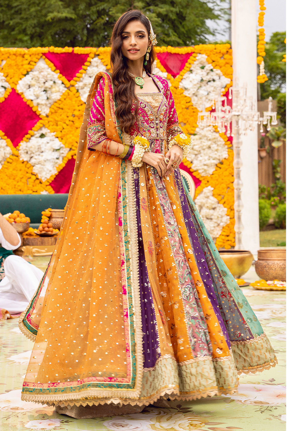 Pakistani Multicolour Zardozi Lorex Kalidar Dress (2-Piece) - Image 10