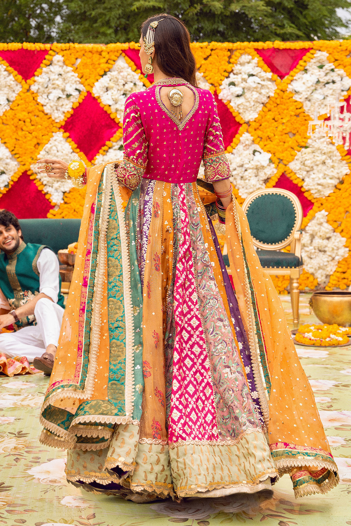Pakistani Multicolour Zardozi Lorex Kalidar Dress (2-Piece) - Image 11