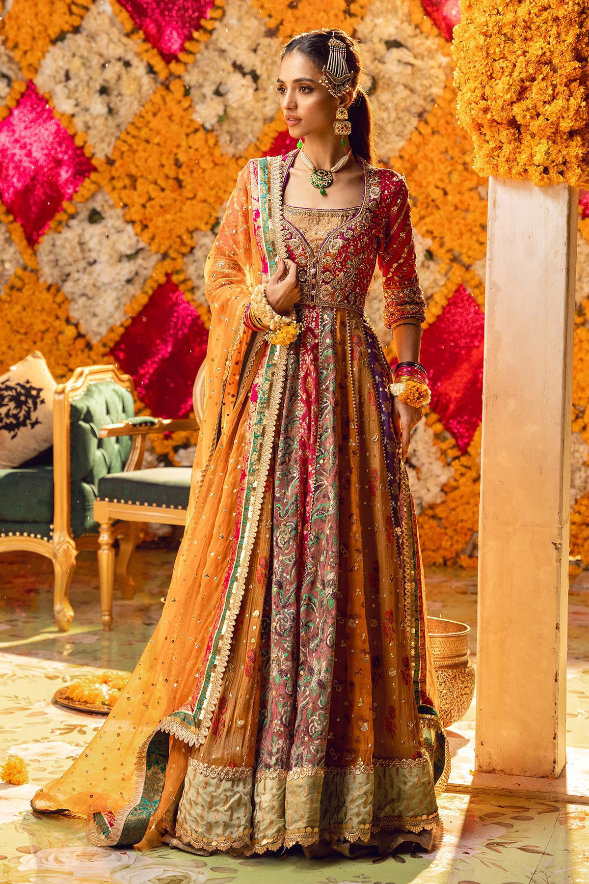 Pakistani Multicolour Zardozi Lorex Kalidar Dress (2-Piece) - Image 2
