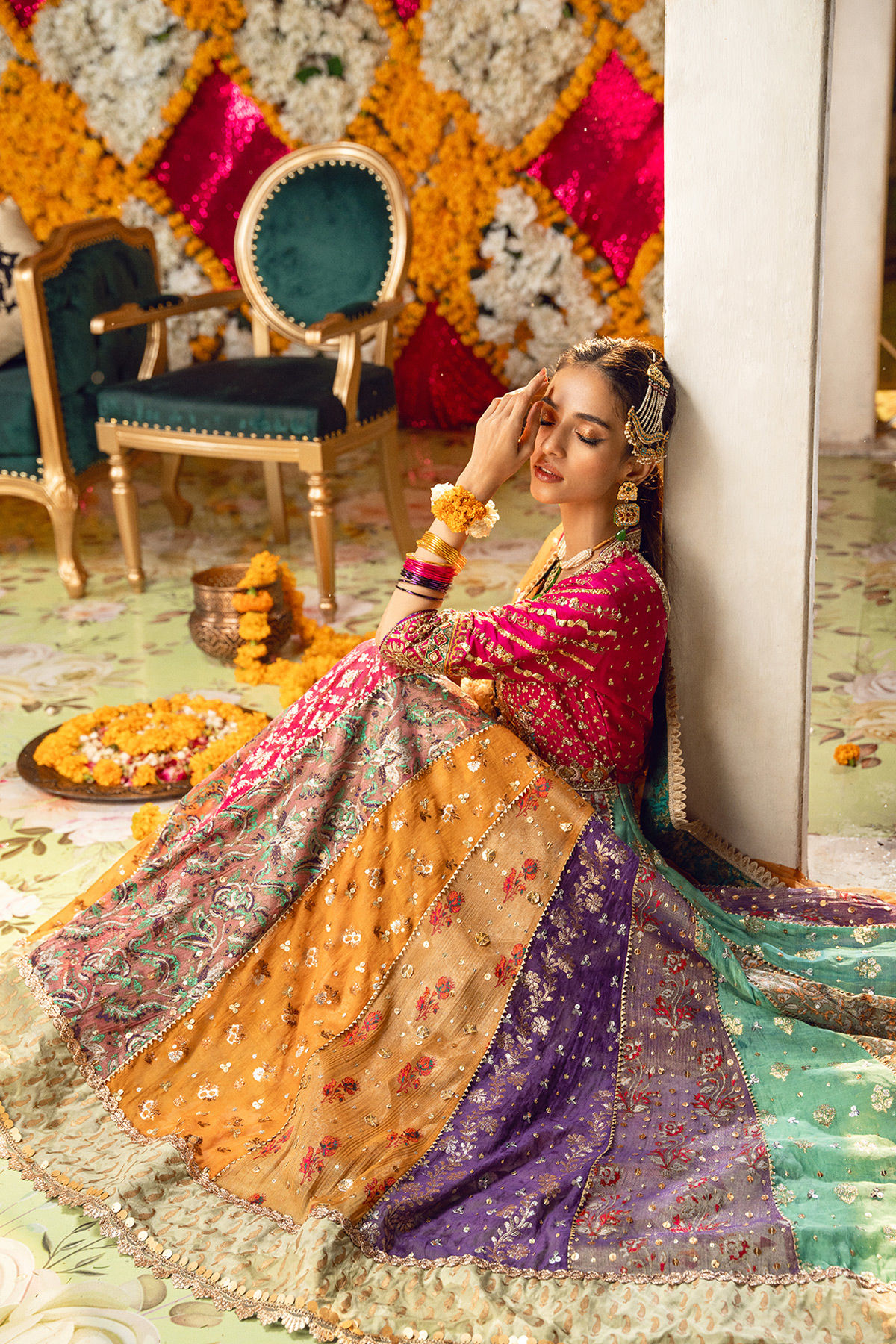 Pakistani Multicolour Zardozi Lorex Kalidar Dress (2-Piece) - Image 3