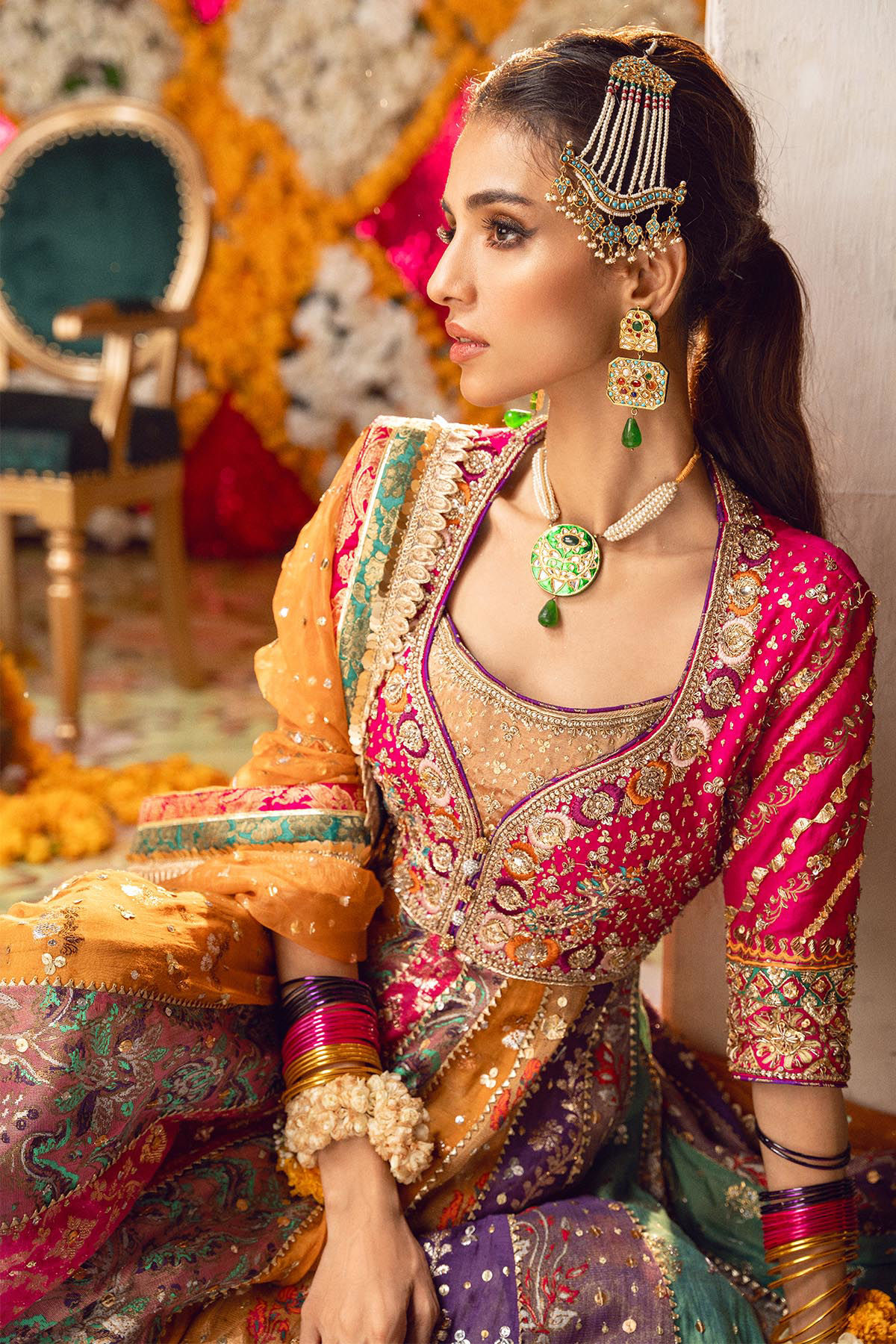 Pakistani Multicolour Zardozi Lorex Kalidar Dress (2-Piece) - Image 5