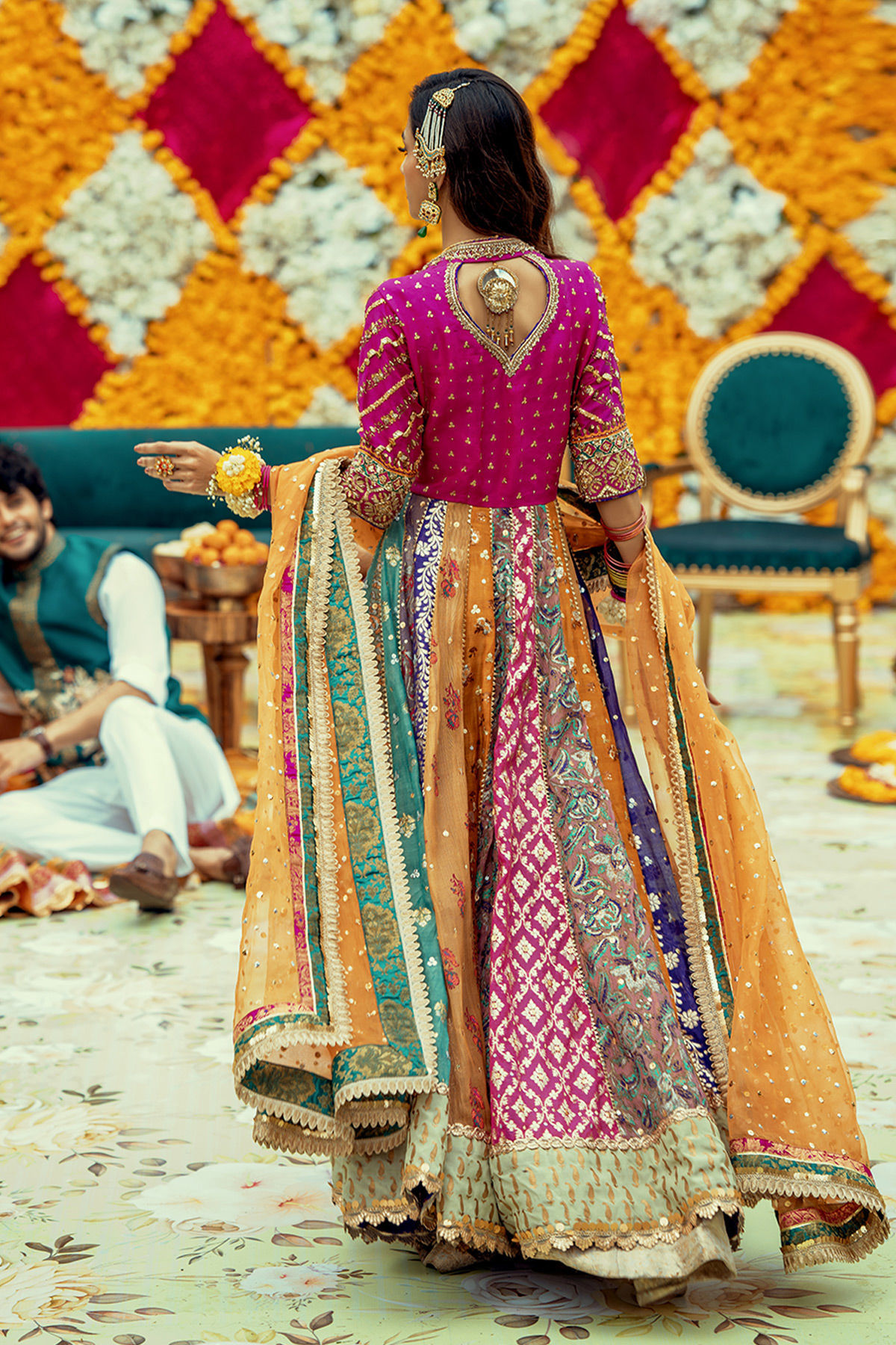 Pakistani Multicolour Zardozi Lorex Kalidar Dress (2-Piece) - Image 7