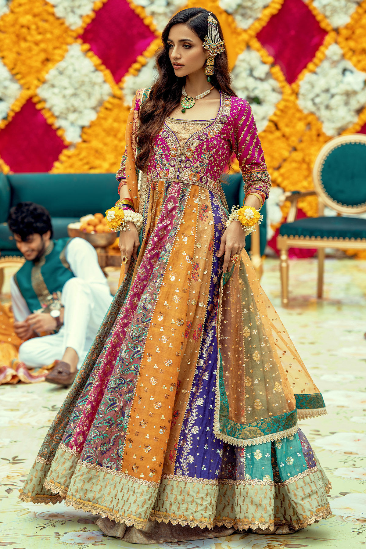 Pakistani Multicolour Zardozi Lorex Kalidar Dress (2-Piece) - Image 9