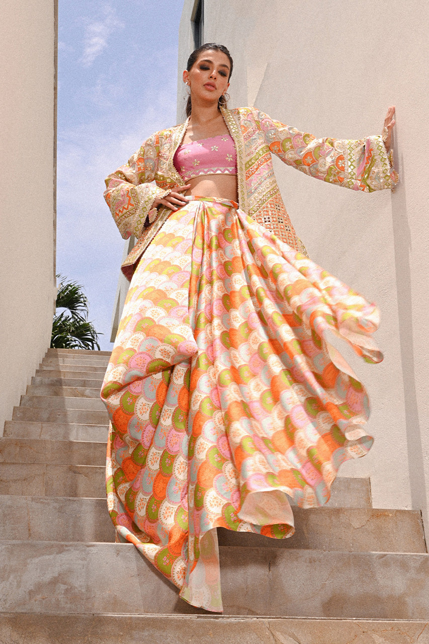 Multicolour Embellished Khaddi Silk Lehenga (3-Piece) - Image 1
