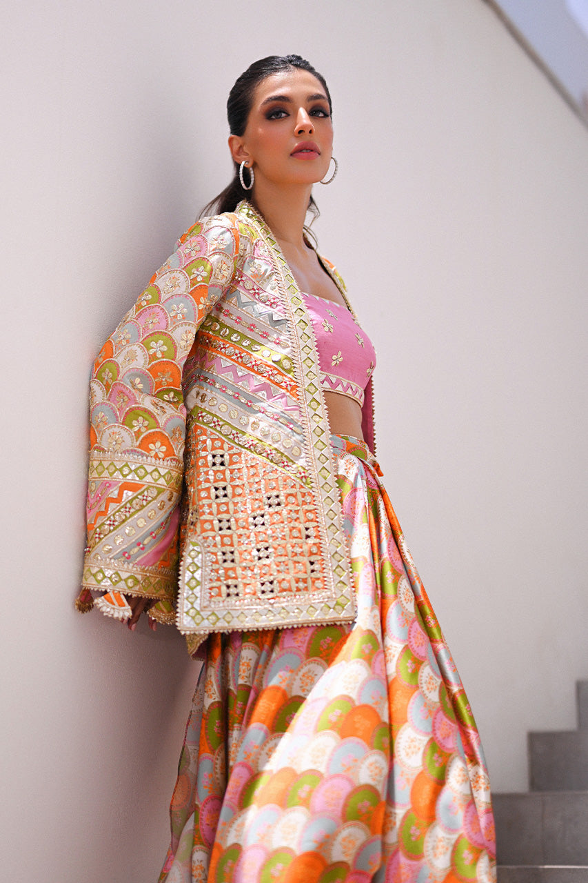 Multicolour Embellished Khaddi Silk Lehenga (3-Piece) - Image 10