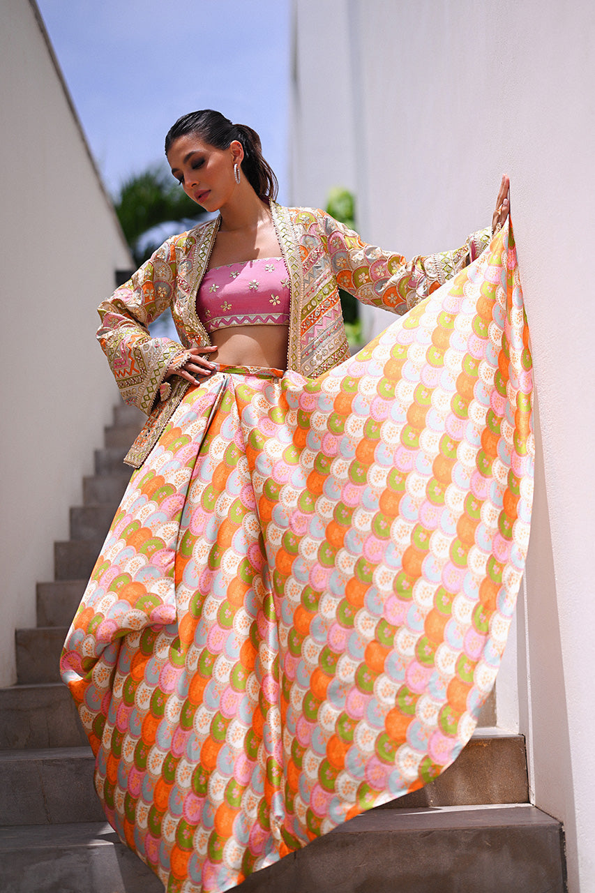 Multicolour Embellished Khaddi Silk Lehenga (3-Piece) - Image 11