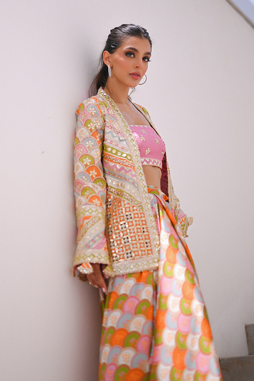 Multicolour Embellished Khaddi Silk Lehenga (3-Piece) - Image 13