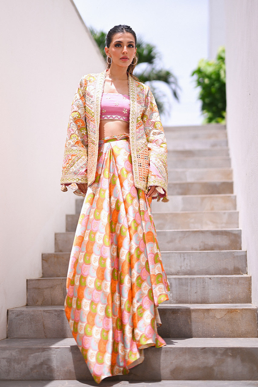 Multicolour Embellished Khaddi Silk Lehenga (3-Piece) - Image 4