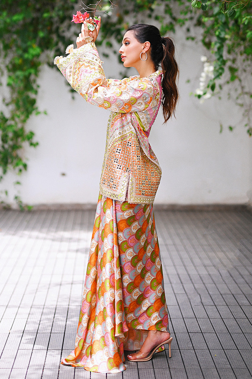 Multicolour Embellished Khaddi Silk Lehenga (3-Piece) - Image 5