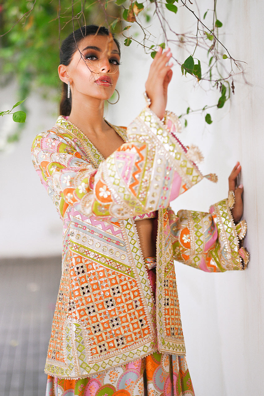 Multicolour Embellished Khaddi Silk Lehenga (3-Piece) - Image 6