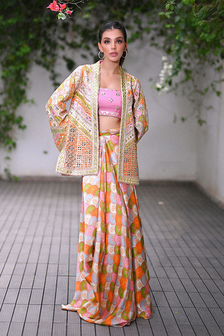 Multicolour Embellished Khaddi Silk Lehenga (3-Piece) - Image 8