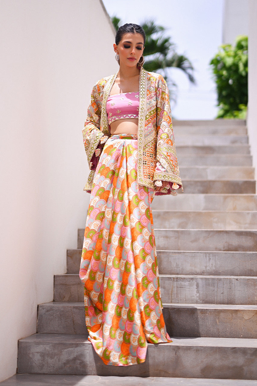 Multicolour Embellished Khaddi Silk Lehenga (3-Piece) - Image 9