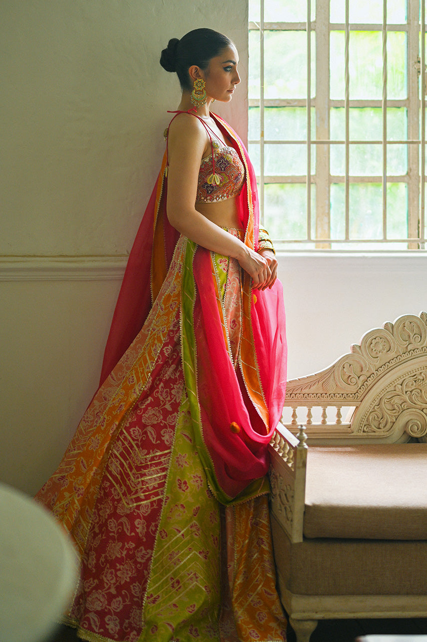 Multi-Colour Gota Khaddi Silk Lehenga Choli (3-Piece) - Image 3