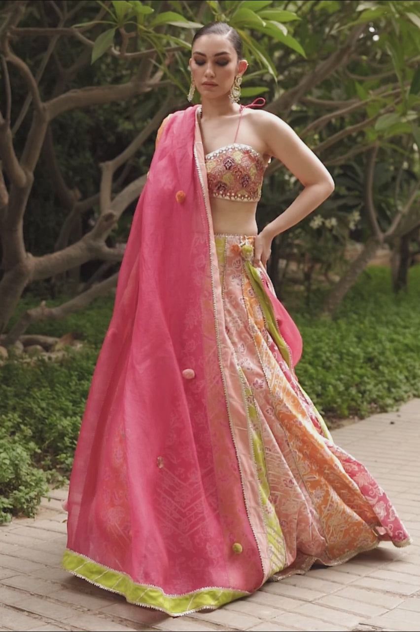 Multi-Colour Gota Khaddi Silk Lehenga Choli (3-Piece) - Image 4
