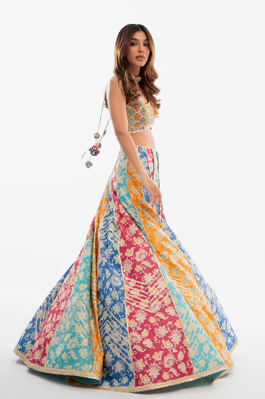 Multi-Colour Gota Work Khaddi Silk Lehenga Choli (3-Piece) - Image 3