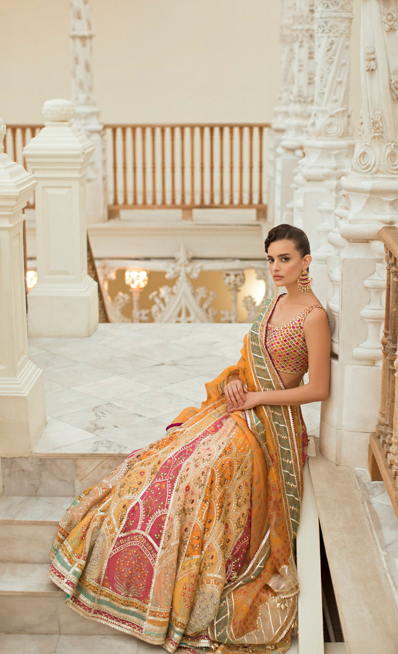 Pakistani Multicolour Gota Embroidered Organza & Cotton Net Lehenga (3-Piece) - Image 2