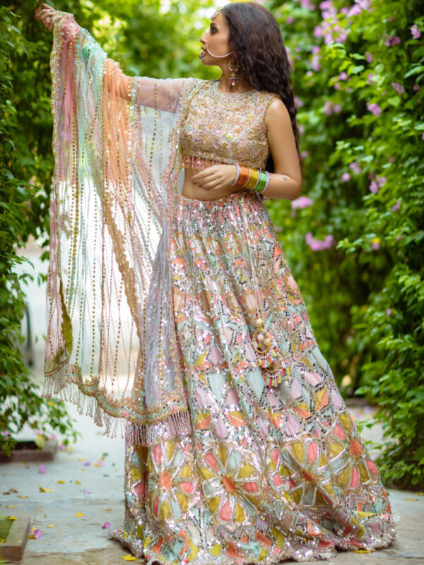 Pakistani Multicolour Embroidered Organza & Tissue Lehenga (3-Piece) - Image 1