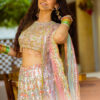 Pakistani Multicolour Embroidered Organza & Tissue Lehenga (3-Piece) - Image 3