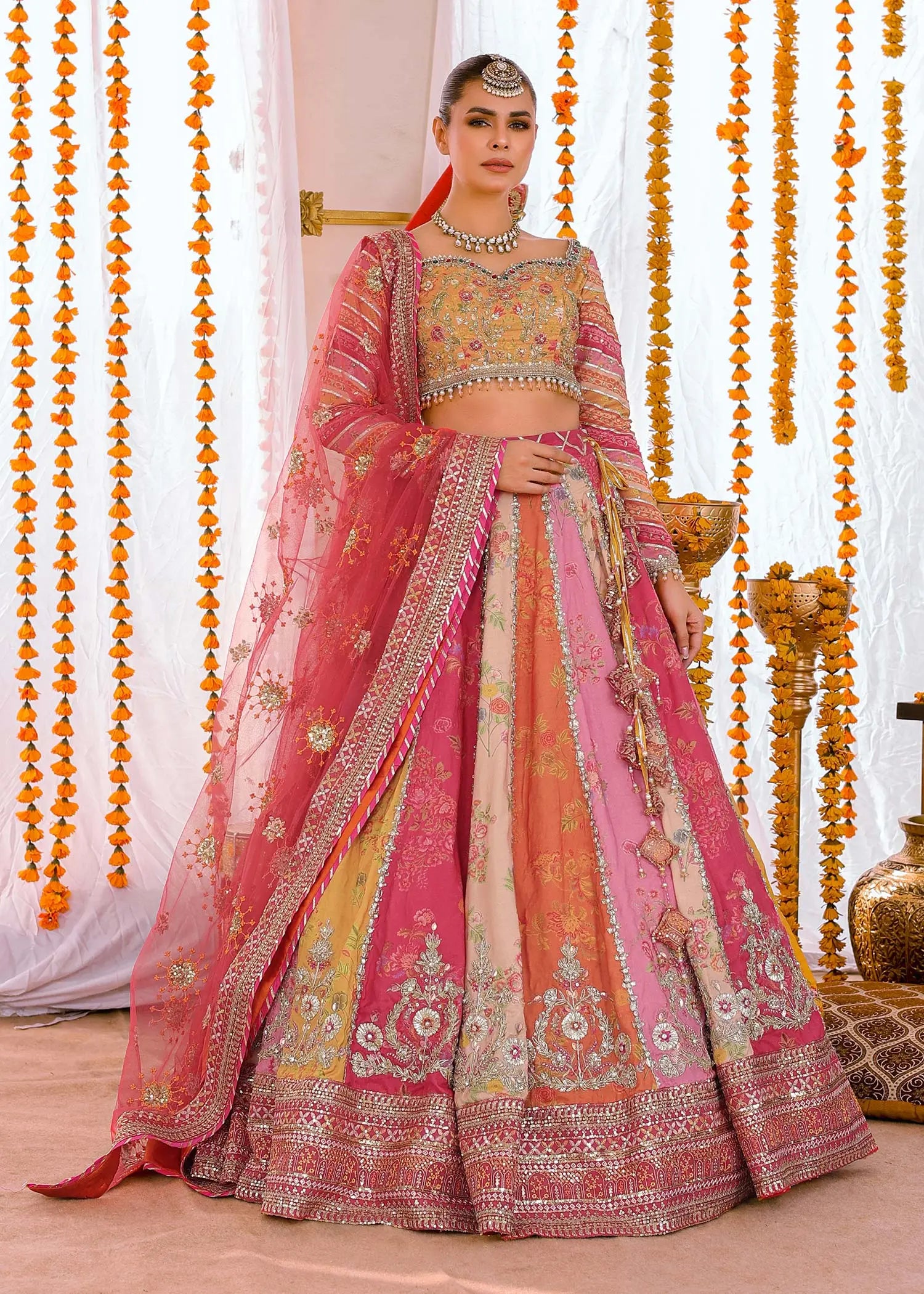 Pakistani Multi-Colour Embroidered PK Raw Silk Lehenga Choli (3-Piece) - Image 1