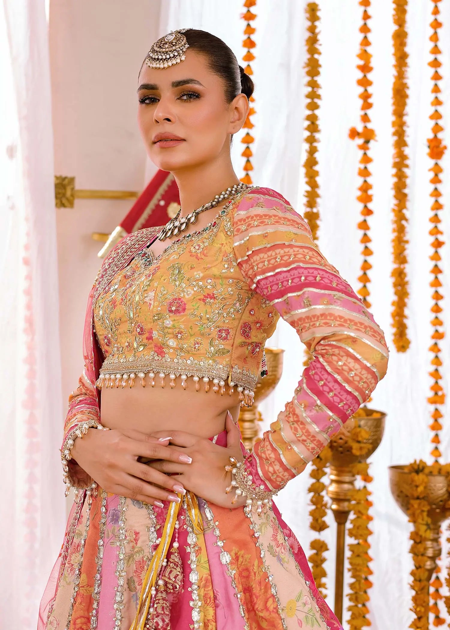 Pakistani Multi-Colour Embroidered PK Raw Silk Lehenga Choli (3-Piece) - Image 2