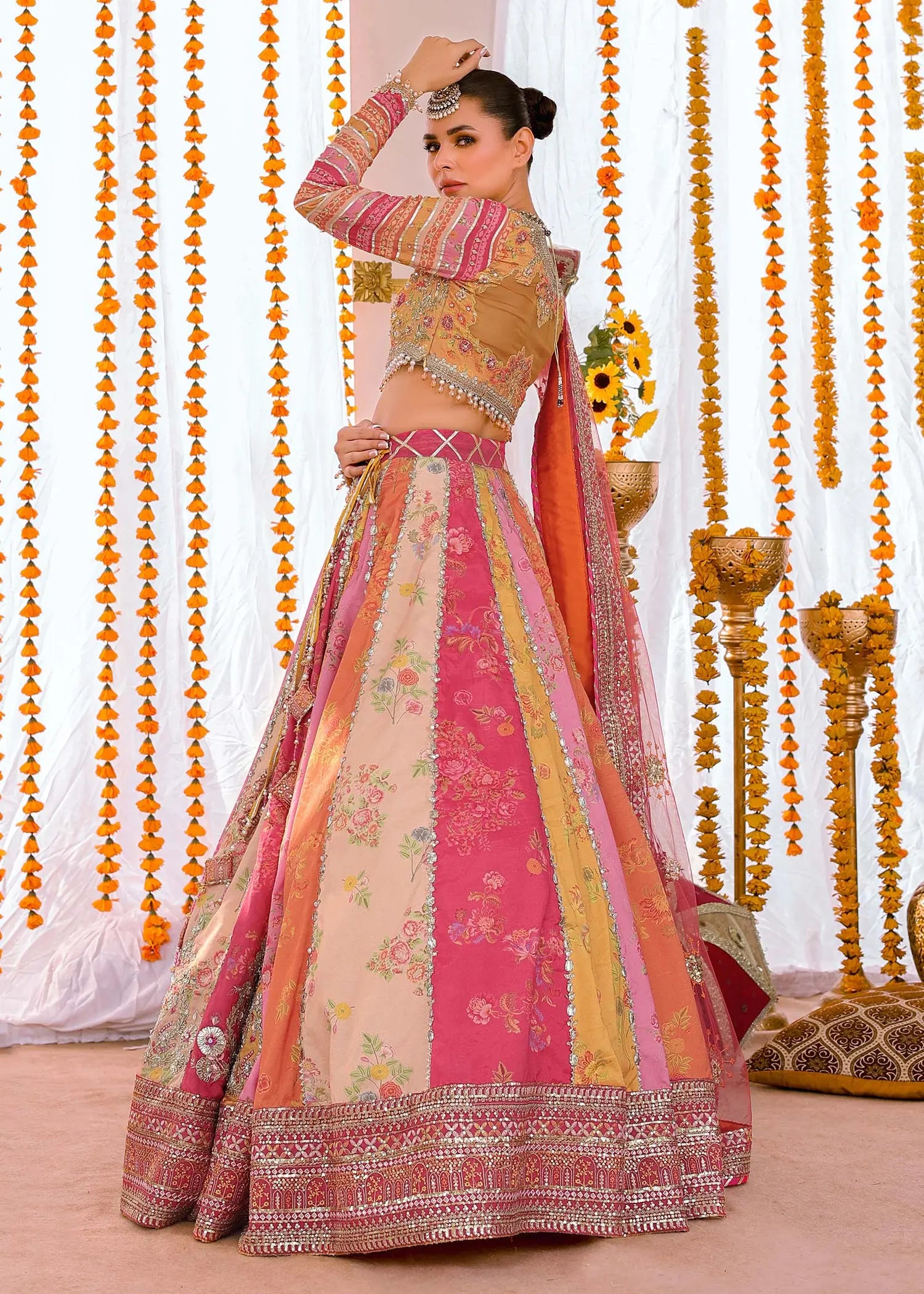 Pakistani Multi-Colour Embroidered PK Raw Silk Lehenga Choli (3-Piece) - Image 3