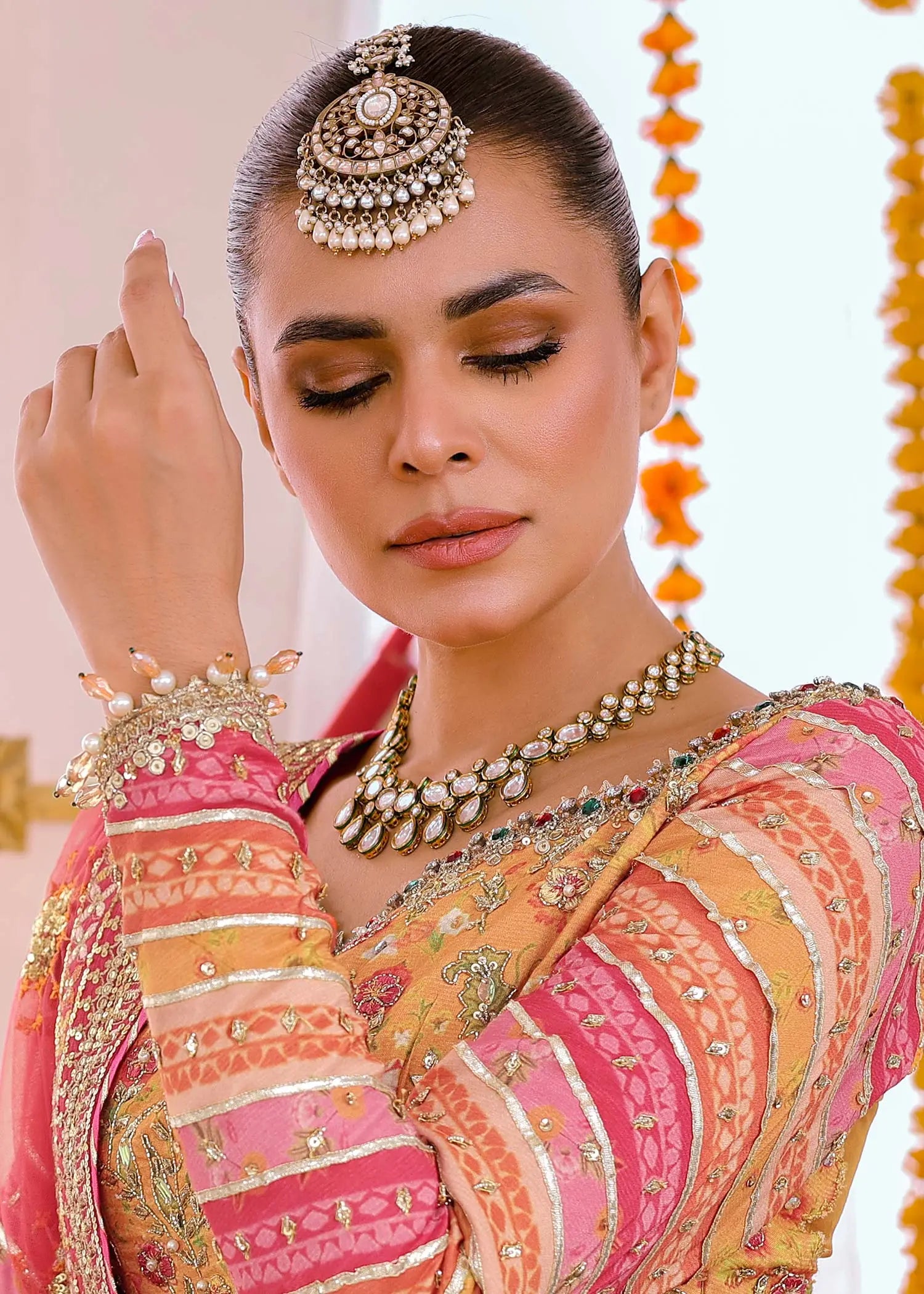 Pakistani Multi-Colour Embroidered PK Raw Silk Lehenga Choli (3-Piece) - Image 4