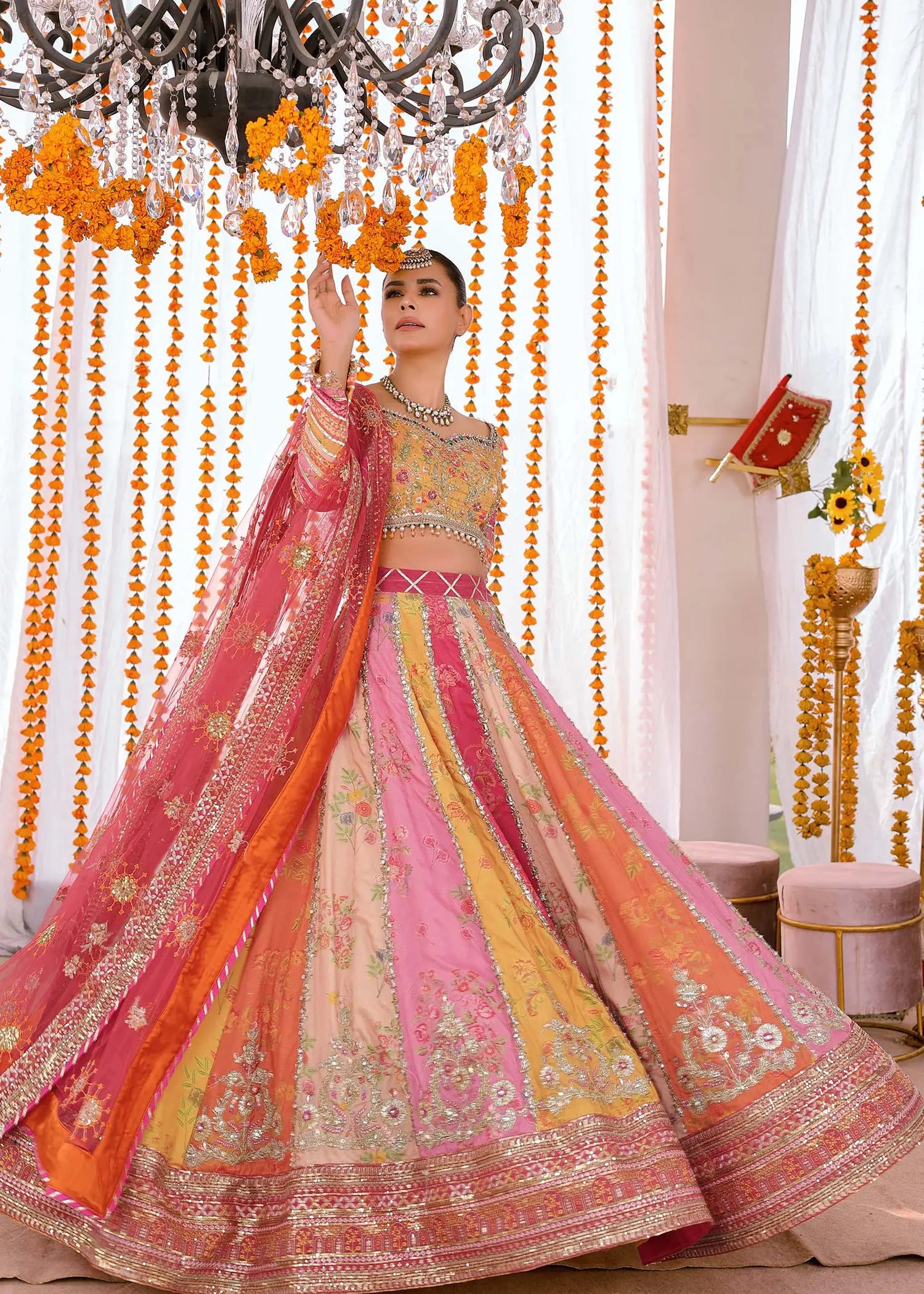 Pakistani Multi-Colour Embroidered PK Raw Silk Lehenga Choli (3-Piece) - Image 6