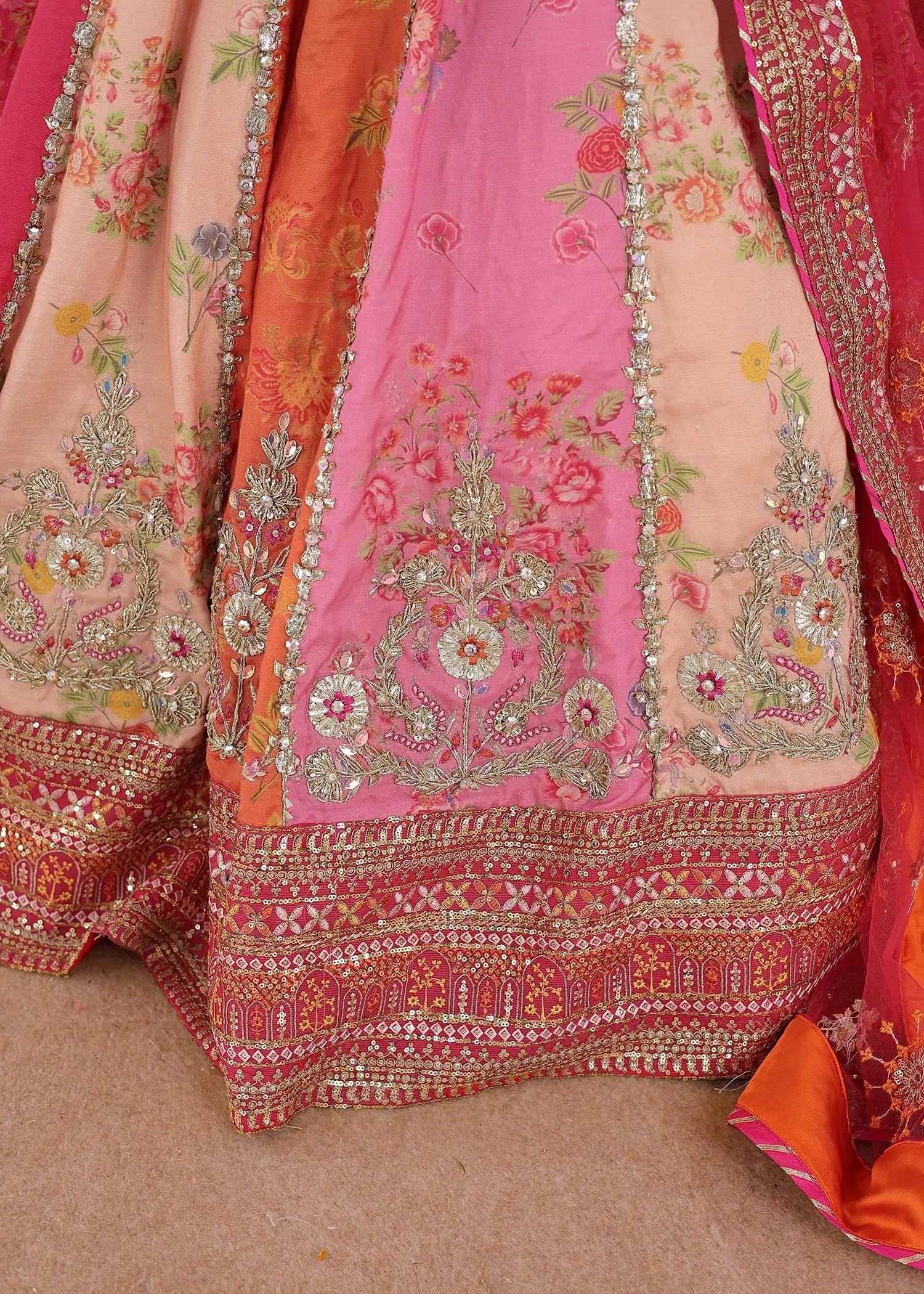Pakistani Multi-Colour Embroidered PK Raw Silk Lehenga Choli (3-Piece) - Image 7