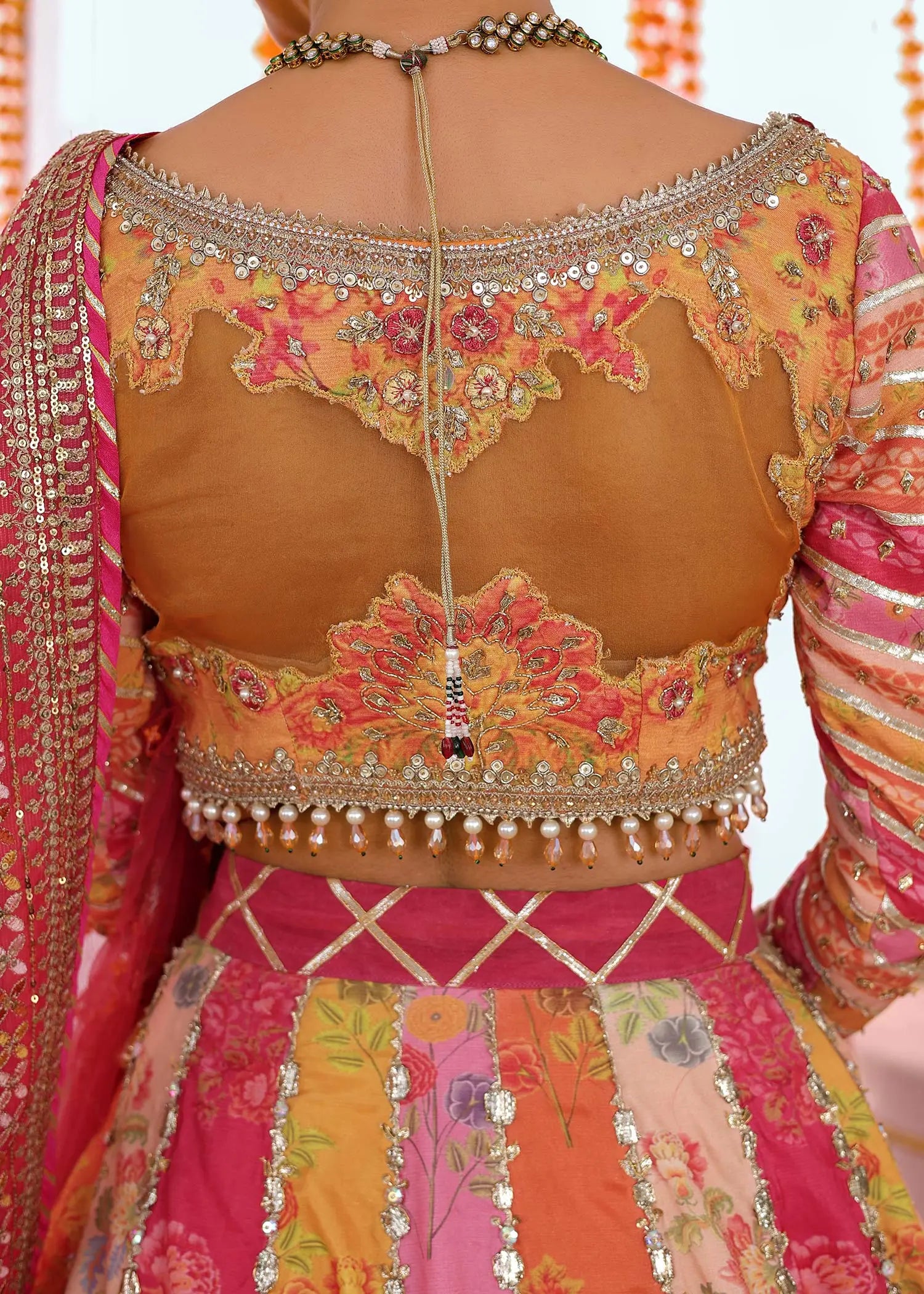 Pakistani Multi-Colour Embroidered PK Raw Silk Lehenga Choli (3-Piece) - Image 8
