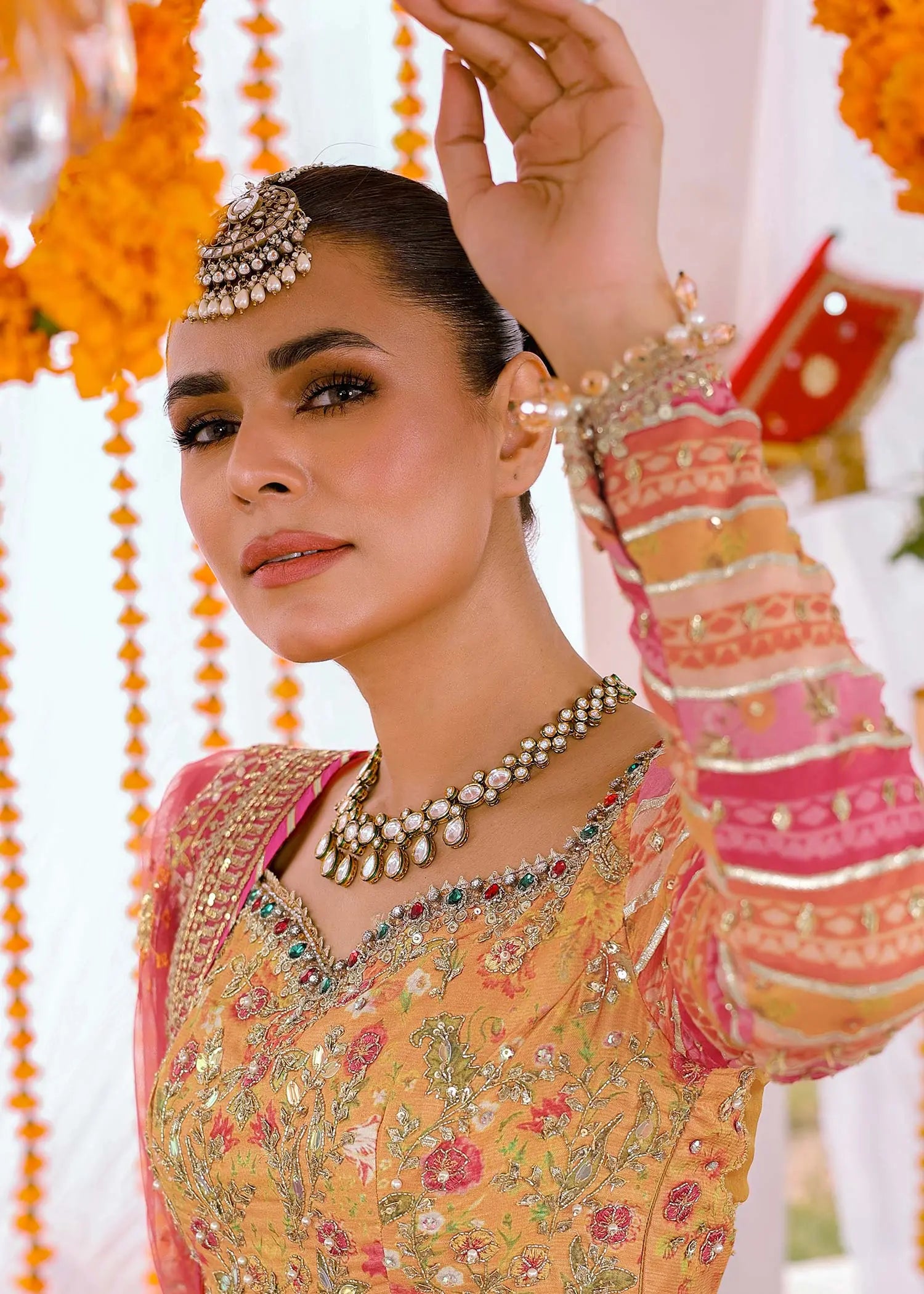 Pakistani Multi-Colour Embroidered PK Raw Silk Lehenga Choli (3-Piece) - Image 9