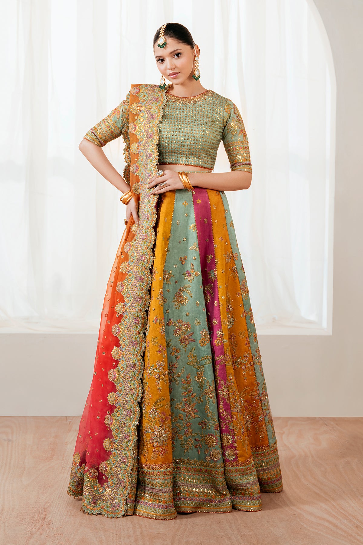 Pakistani Multicolour Hand Embroidered Raw Silk Lehenga Choli (3-Piece) - Image 1