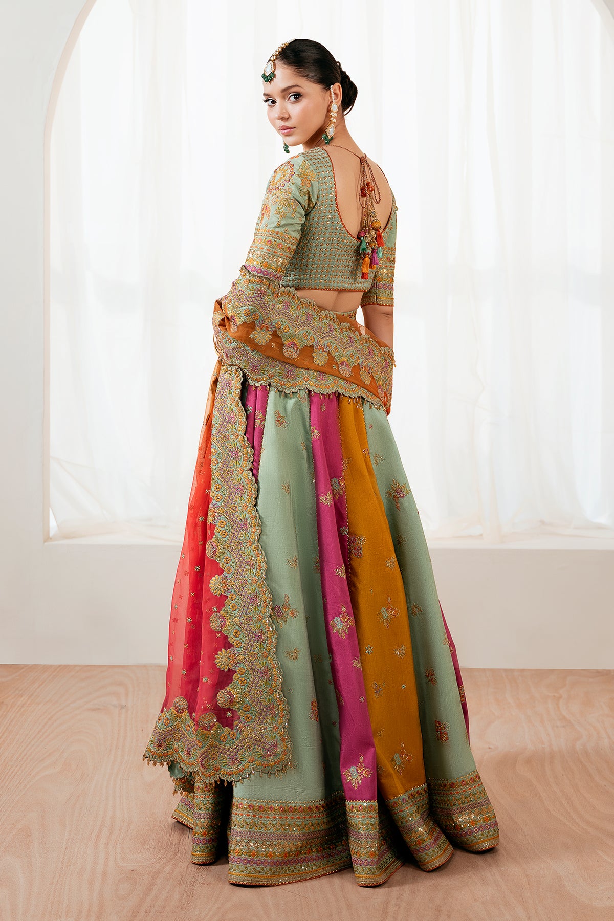 Pakistani Multicolour Hand Embroidered Raw Silk Lehenga Choli (3-Piece) - Image 2