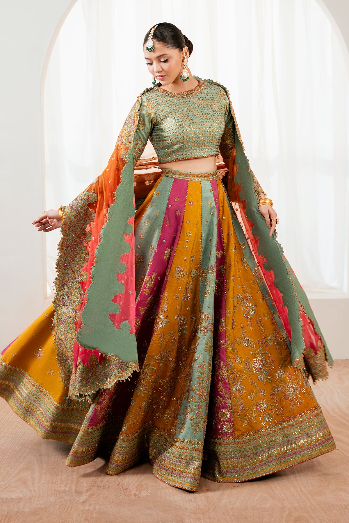 Pakistani Multicolour Hand Embroidered Raw Silk Lehenga Choli (3-Piece) - Image 3