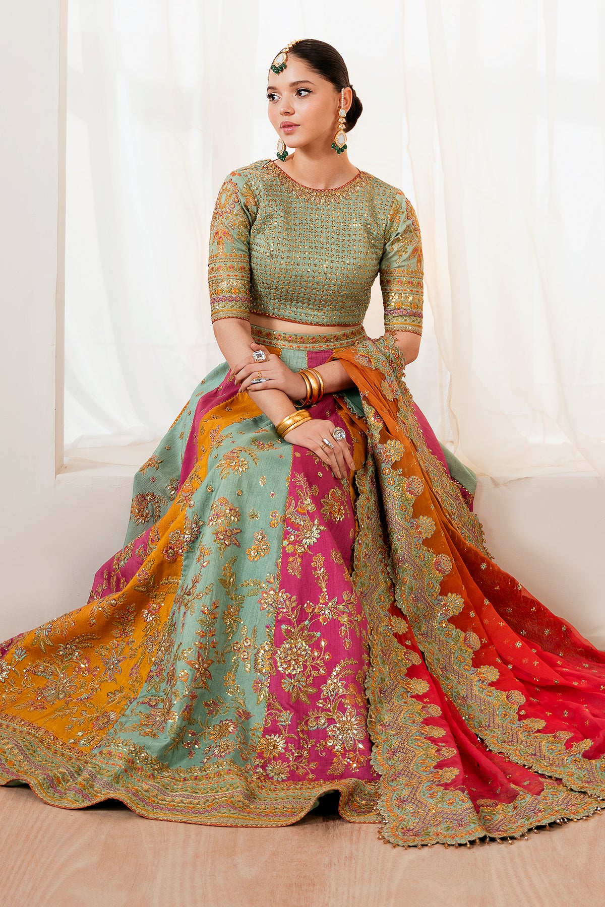 Pakistani Multicolour Hand Embroidered Raw Silk Lehenga Choli (3-Piece) - Image 5