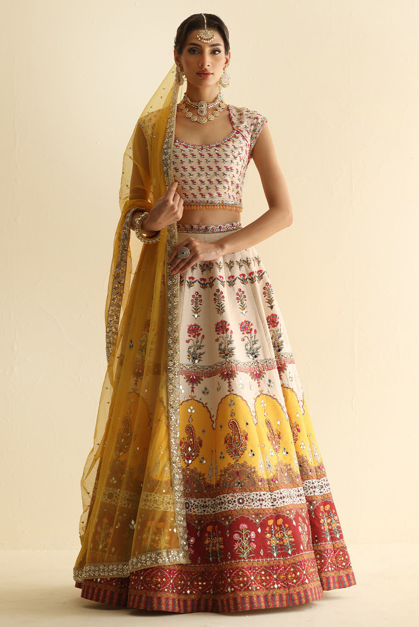 Pakistani Multicolour Crystal & Mirror Raw Silk Lehnga Choli (3-Piece) - Image 1