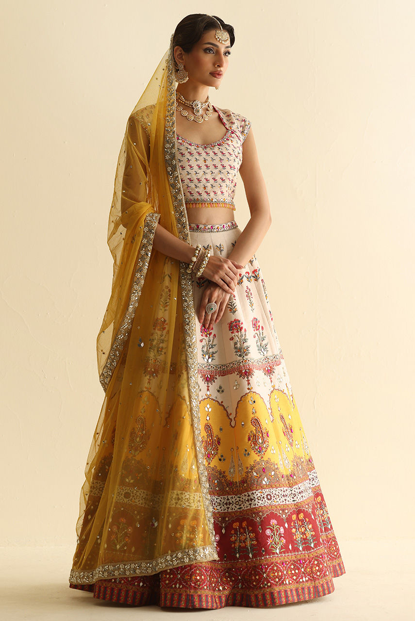 Pakistani Multicolour Crystal & Mirror Raw Silk Lehnga Choli (3-Piece) - Image 2