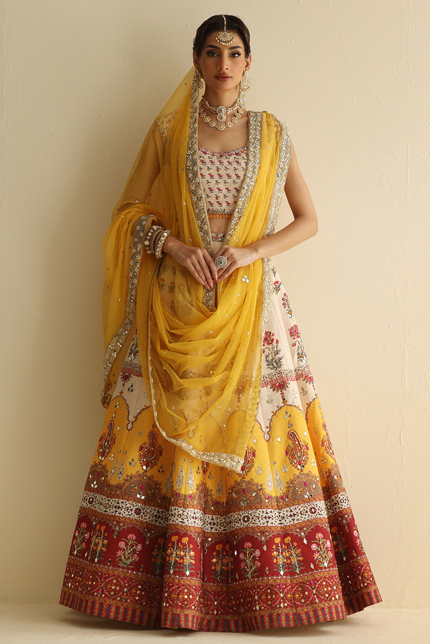 Pakistani Multicolour Crystal & Mirror Raw Silk Lehnga Choli (3-Piece) - Image 3