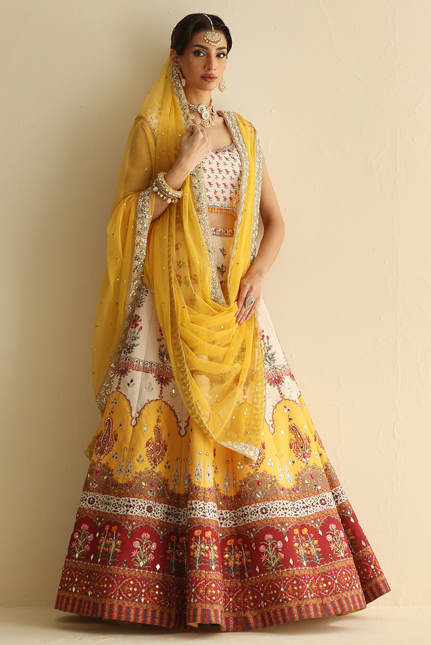Pakistani Multicolour Crystal & Mirror Raw Silk Lehnga Choli (3-Piece) - Image 4