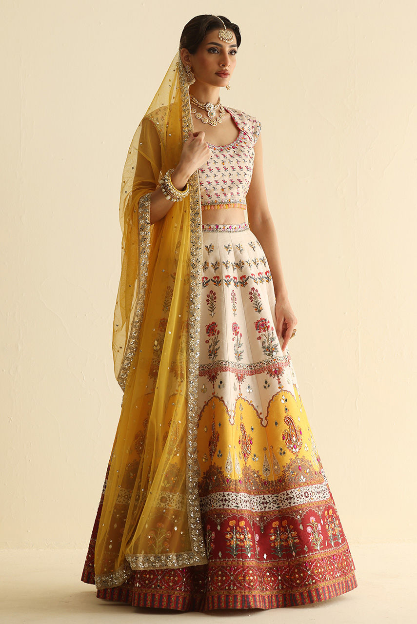 Pakistani Multicolour Crystal & Mirror Raw Silk Lehnga Choli (3-Piece) - Image 5