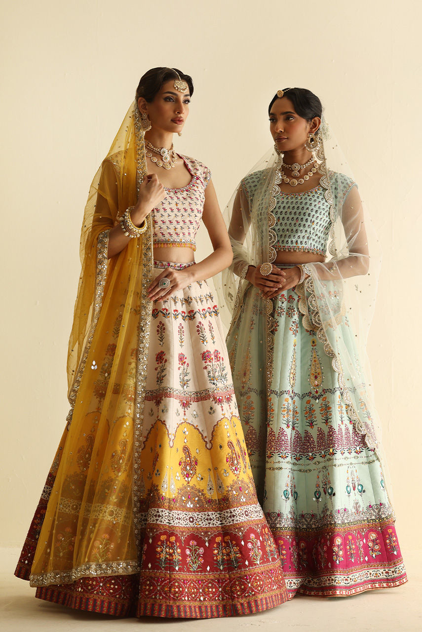 Pakistani Multicolour Crystal & Mirror Raw Silk Lehnga Choli (3-Piece) - Image 6