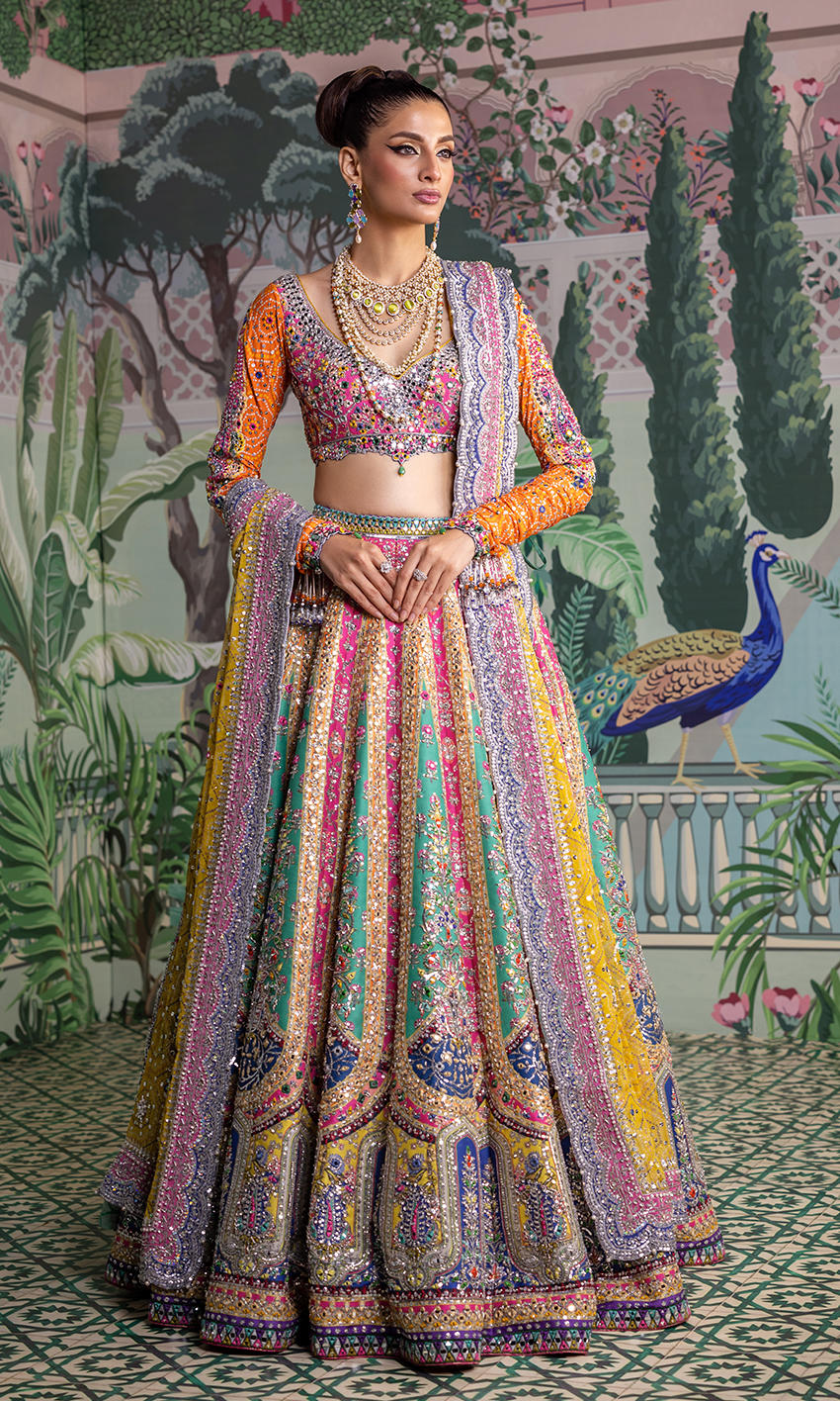 Pakistani Multi-Colour Embellished Raw Silk & Chiffon Lehenga (3-Piece) - Image 1
