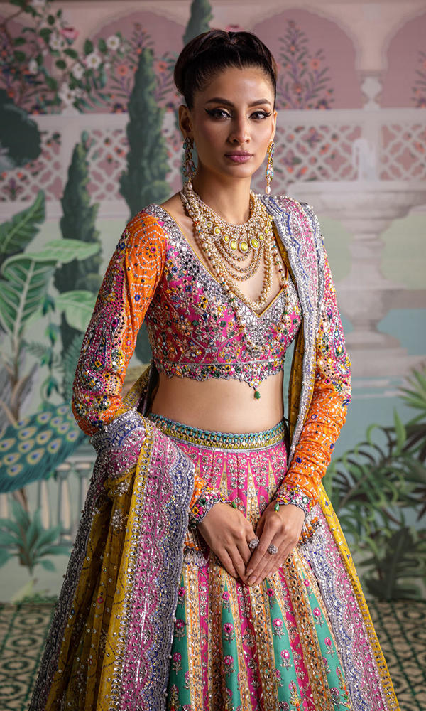 Pakistani Multi-Colour Embellished Raw Silk & Chiffon Lehenga (3-Piece) - Image 3