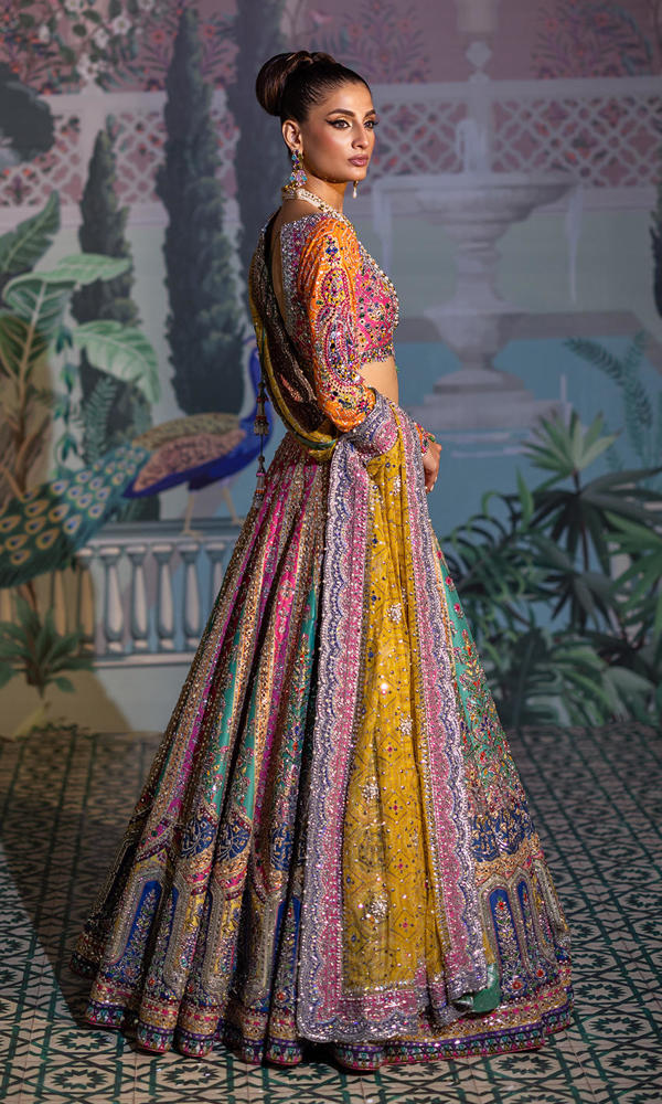 Pakistani Multi-Colour Embellished Raw Silk & Chiffon Lehenga (3-Piece) - Image 4