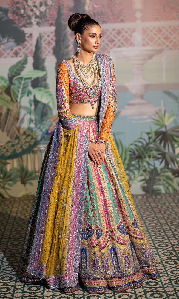 Pakistani Multi-Colour Embellished Raw Silk & Chiffon Lehenga (3-Piece) - Image 5
