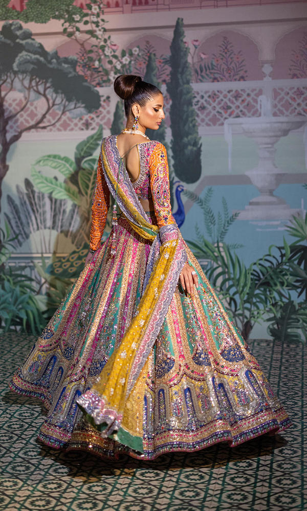 Pakistani Multi-Colour Embellished Raw Silk & Chiffon Lehenga (3-Piece) - Image 6