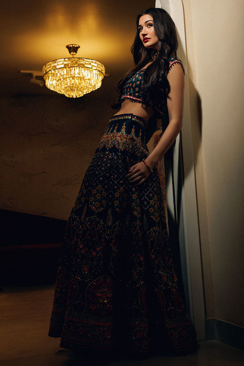 Pakistani Multihued Embroidered Satin-Silk Lehnga Choli (2-Piece) - Image 1