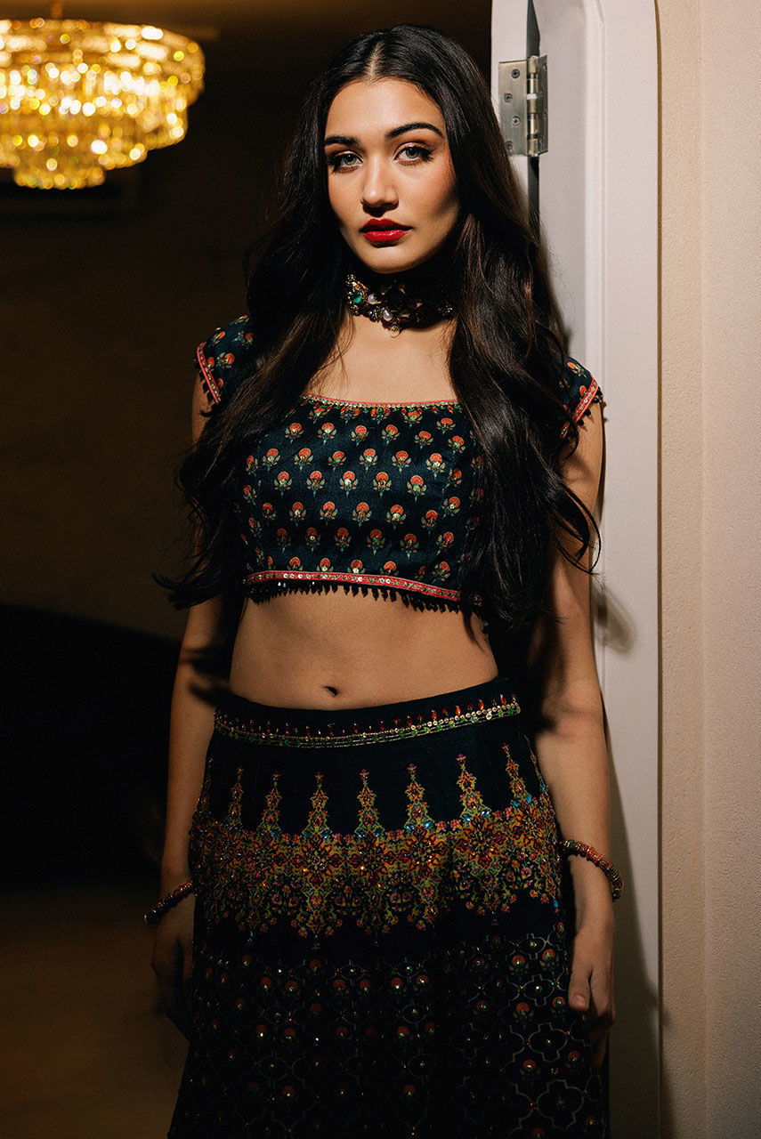 Pakistani Multihued Embroidered Satin-Silk Lehnga Choli (2-Piece) - Image 2