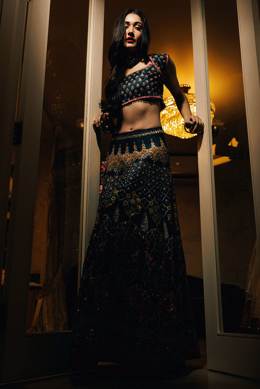 Pakistani Multihued Embroidered Satin-Silk Lehnga Choli (2-Piece) - Image 3