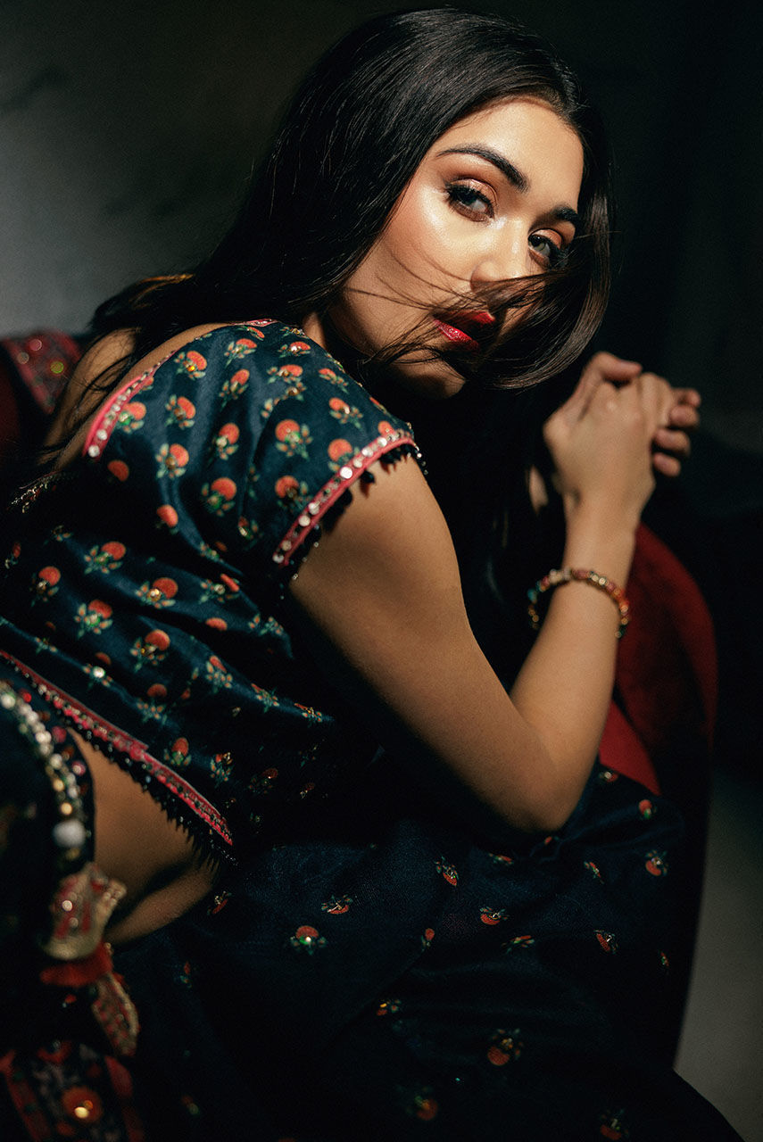 Pakistani Multihued Embroidered Satin-Silk Lehnga Choli (2-Piece) - Image 4