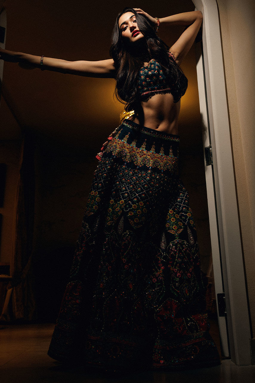 Pakistani Multihued Embroidered Satin-Silk Lehnga Choli (2-Piece) - Image 5